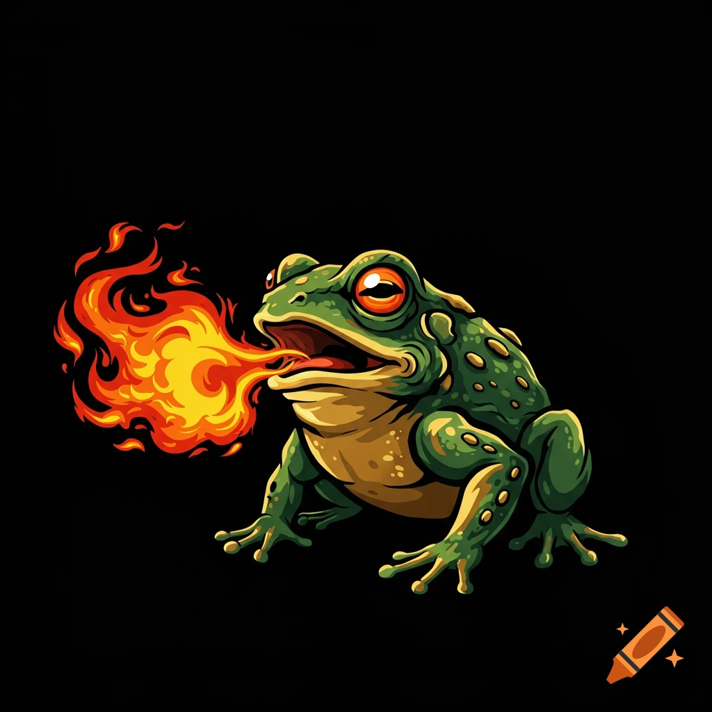 A stylized green frog breathes fire from its mouth, vector art style, black background.