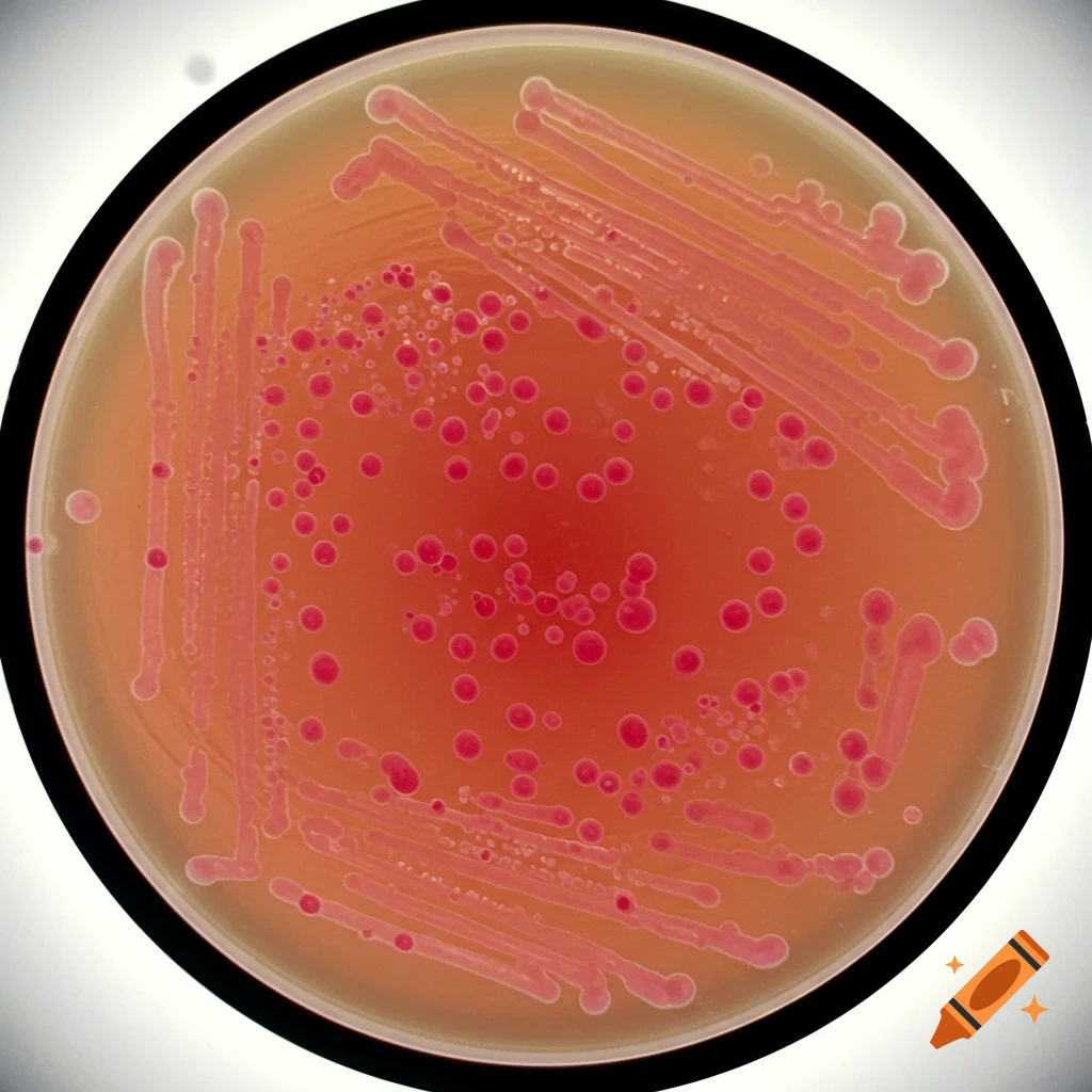 Pink bacteria colonies on red agar in a petri dish