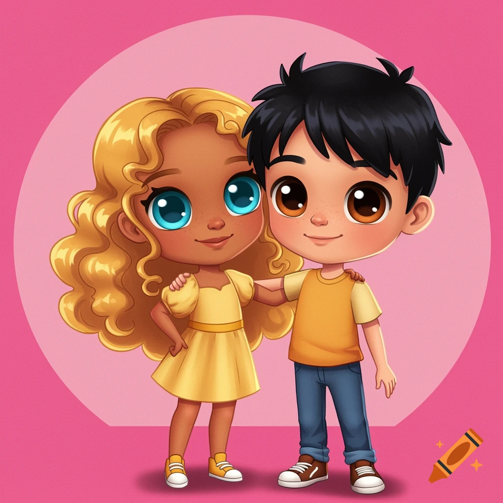 Cartoon of a boy and girl standing together on a pink background.