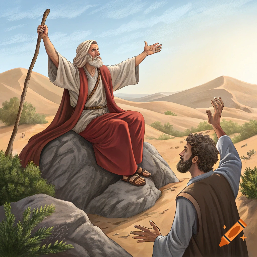 Moses sits on a rock in the desert, raising his arms, while another man looks up at him with arms raised.