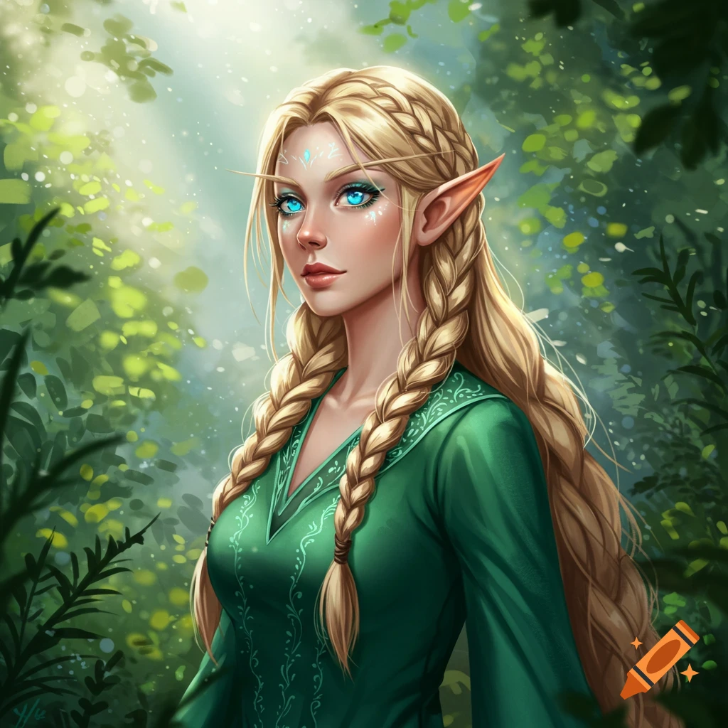 An elf woman with braided blonde hair and blue eyes stands in a forest.