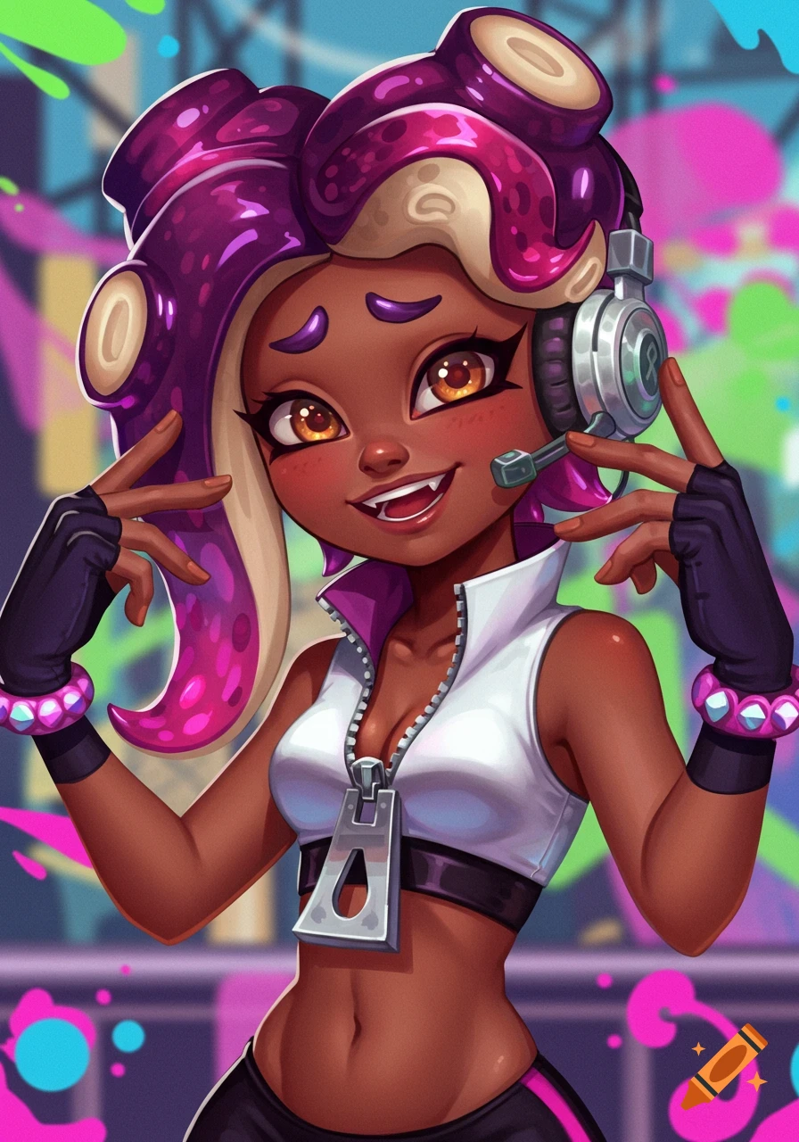 Picture of Marina from Splatoon with purple tentacles, headphones, and a white crop top.