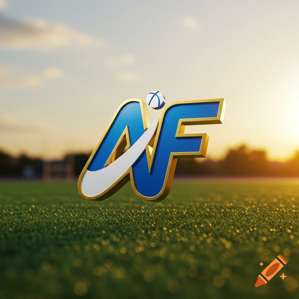 3D logo with blue and gold 'AF' on a sports field at sunset with a small ball