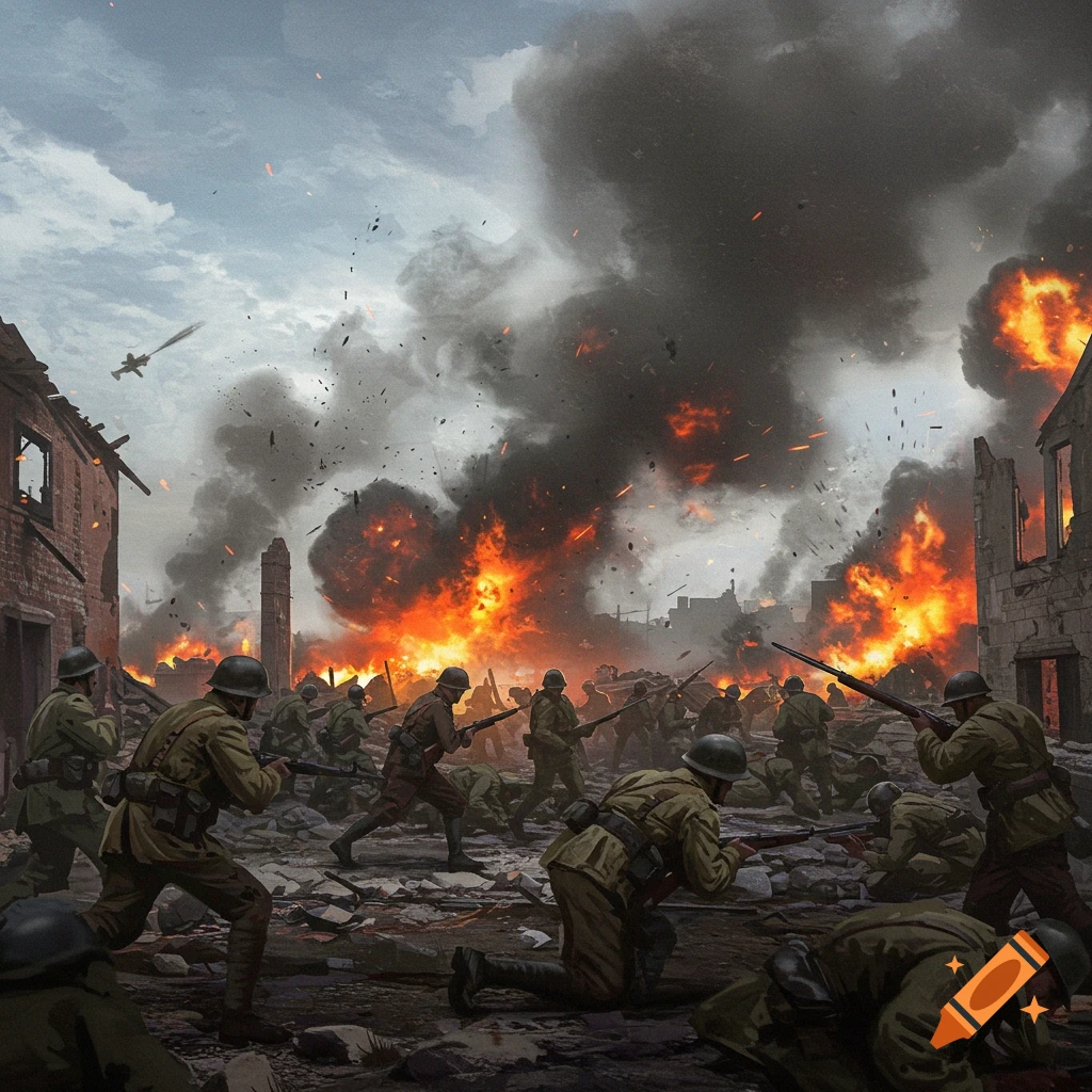 Soldiers fighting in a ruined city engulfed in explosions and smoke