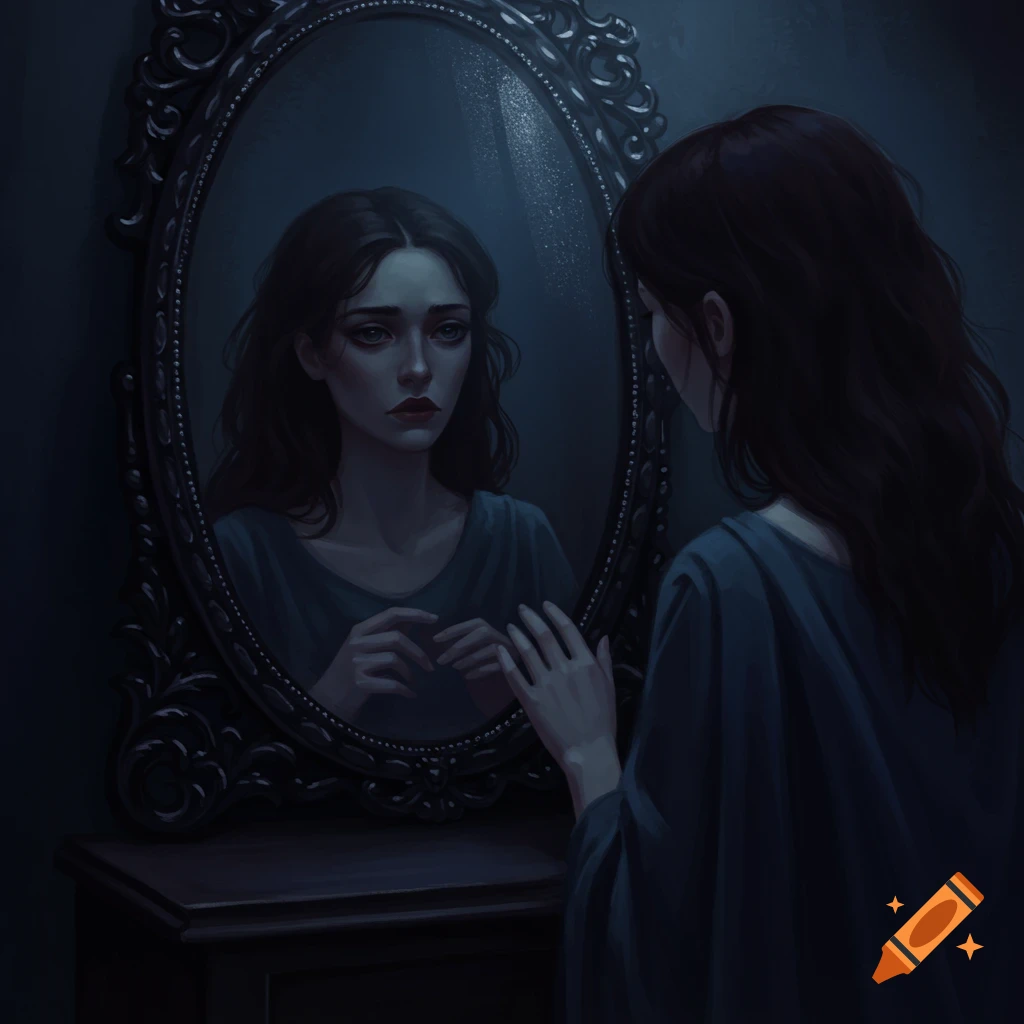 A dark-haired woman looking into an ornate mirror in a dimly lit room.