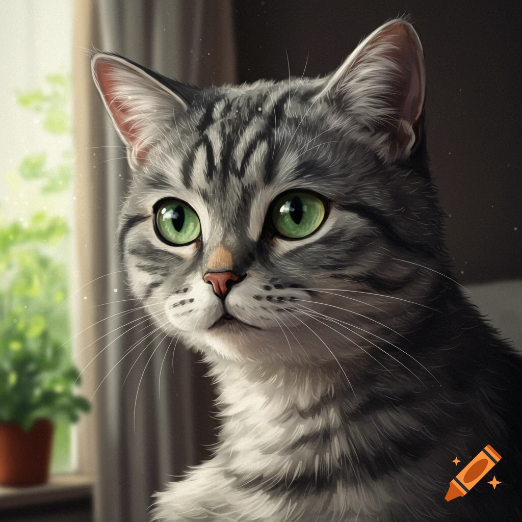 A grey tabby cat with green eyes looks to the left