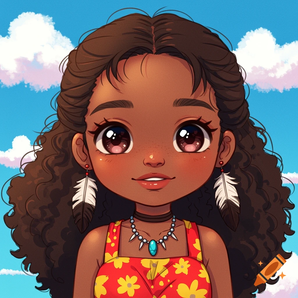 90s anime style portrait of a cute Black girl with curly hair and feather earrings