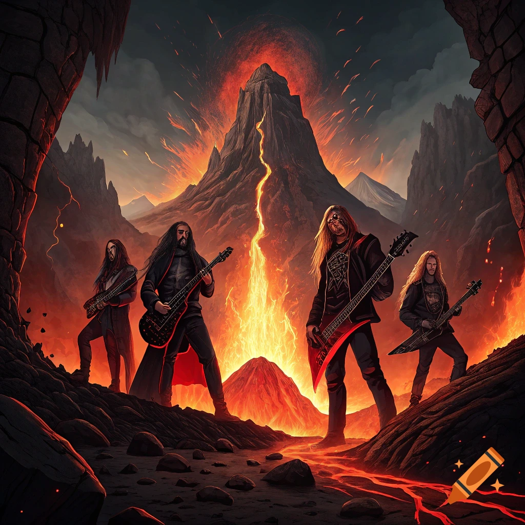 Heavy metal band plays guitars in a volcanic landscape with lava and fire.