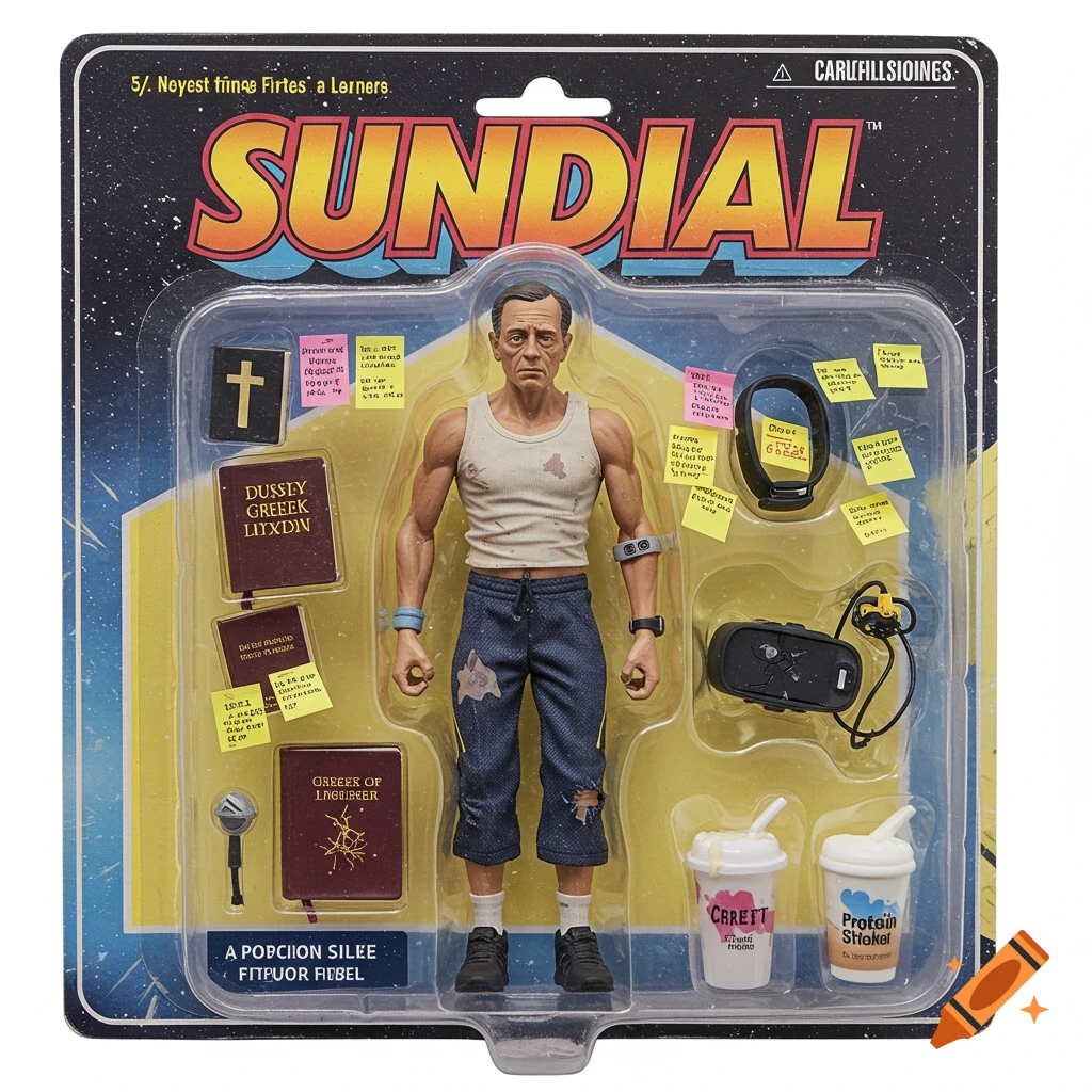 Satirical 1980s action figure in blister pack: man in workout clothes with books, fitness tracker, mic, and shakes.