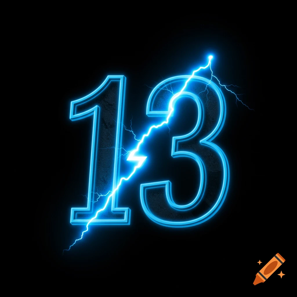 The number 13 struck by blue lightning on a black background, digital art