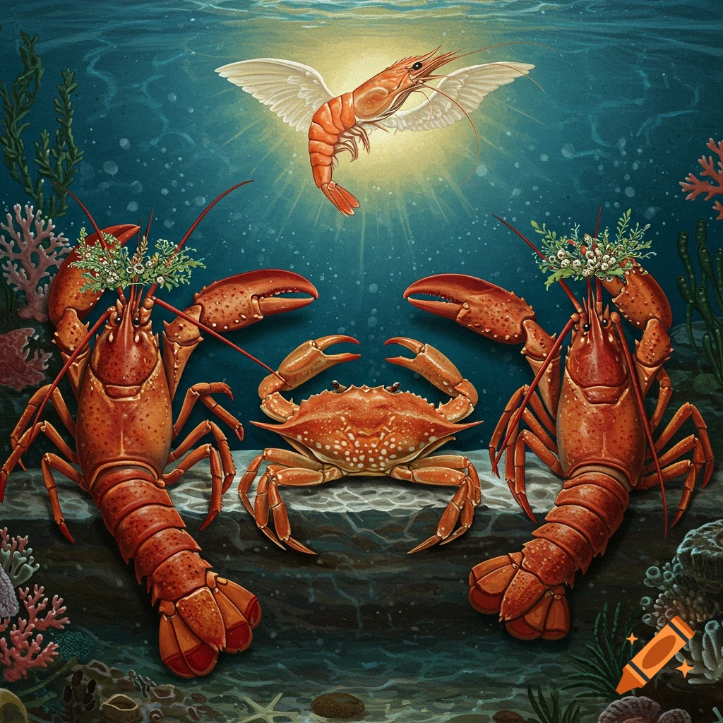 Two lobsters with wreaths, a crab, and a winged shrimp underwater.