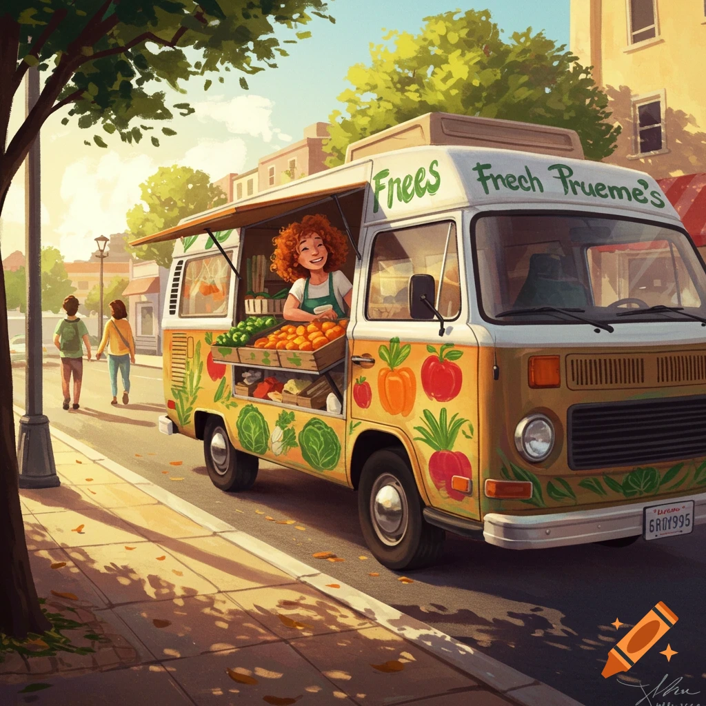 A cheerful vendor selling produce from a colorful food truck on a sunny street.