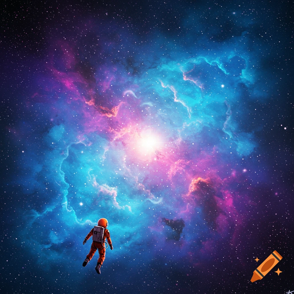 An astronaut floats near a colorful nebula in space.