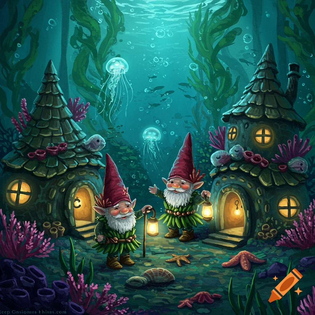 Two gnomes with lanterns standing in front of underwater houses among seaweed and jellyfish.