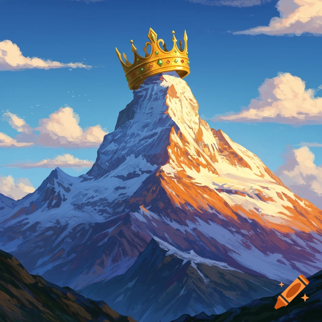 A snowy mountain peak is topped with a golden crown.