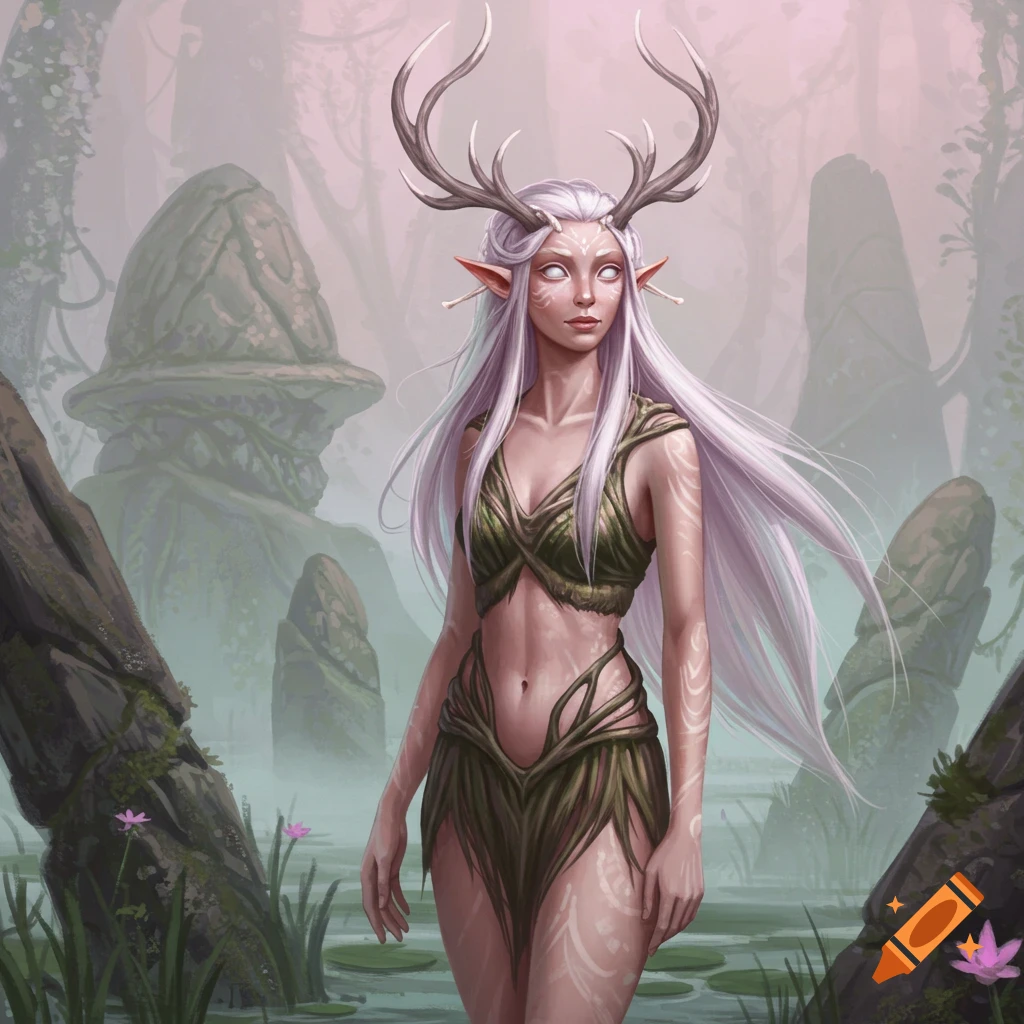 A fantasy creature with antlers and silver hair stands in a misty swamp.