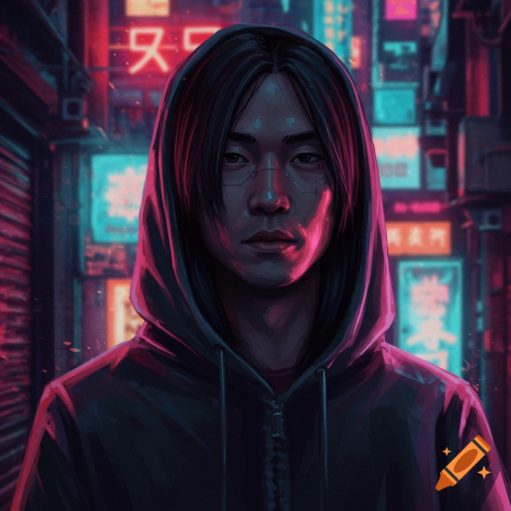 A person in a hoodie in a neon-lit cyberpunk city.