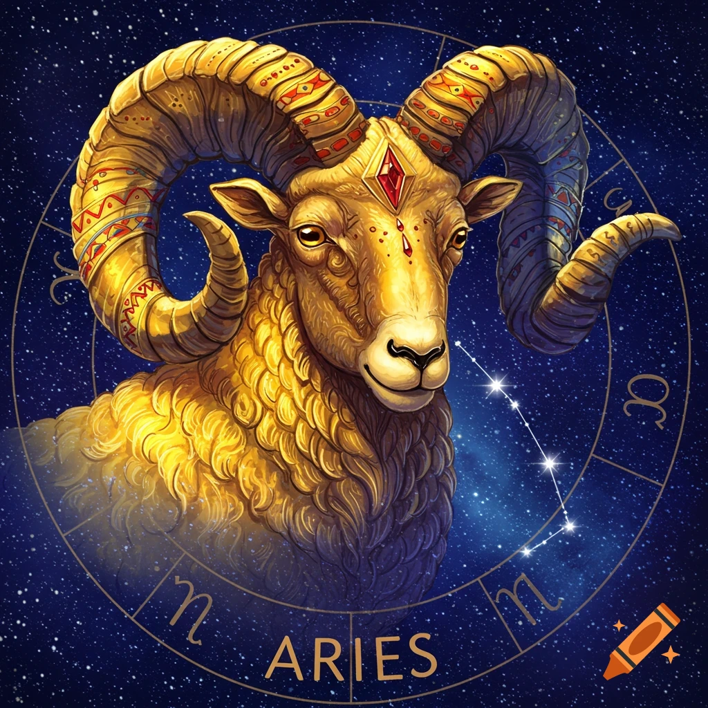 Illustration of a golden ram's head representing the Aries zodiac sign, against a starry background with celestial symbols and the text ARIES.