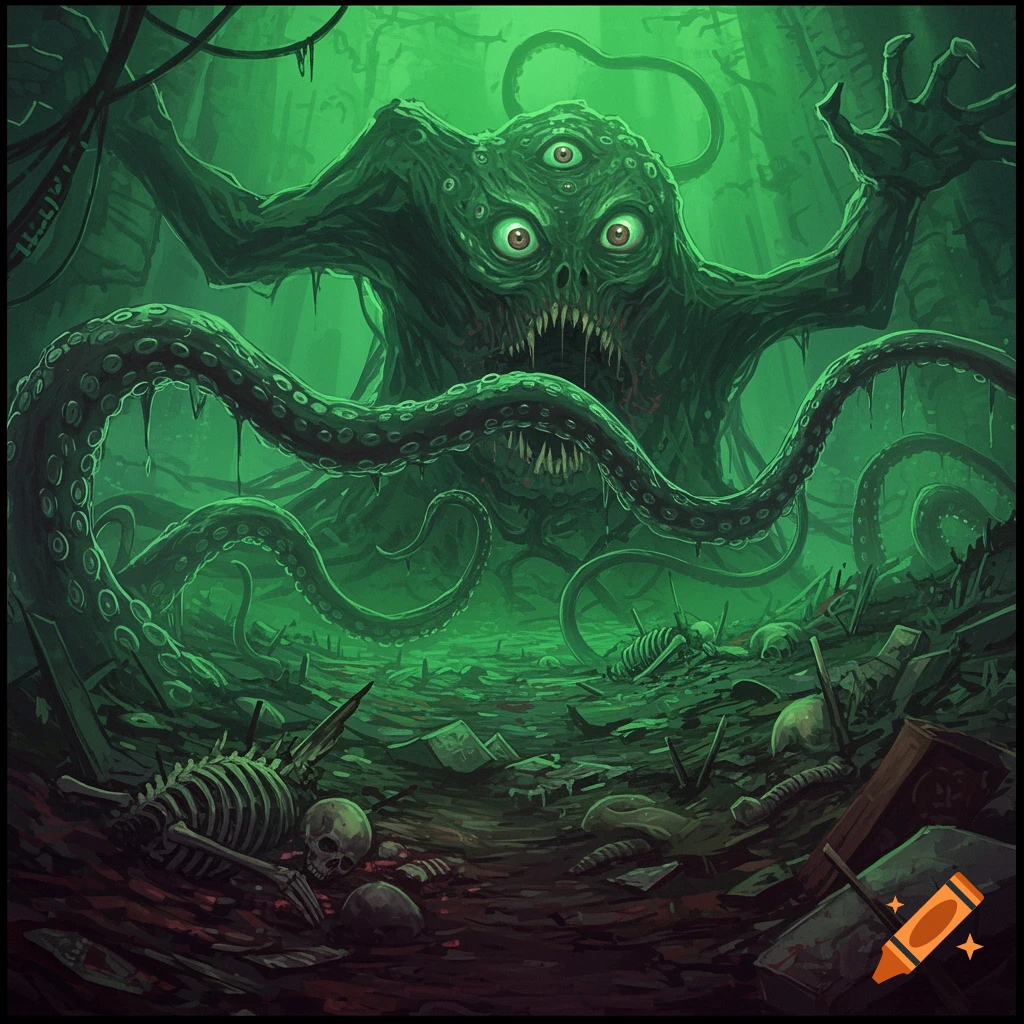 A monstrous green creature with tentacles and multiple eyes, surrounded by skeletons in a decaying, swampy environment.