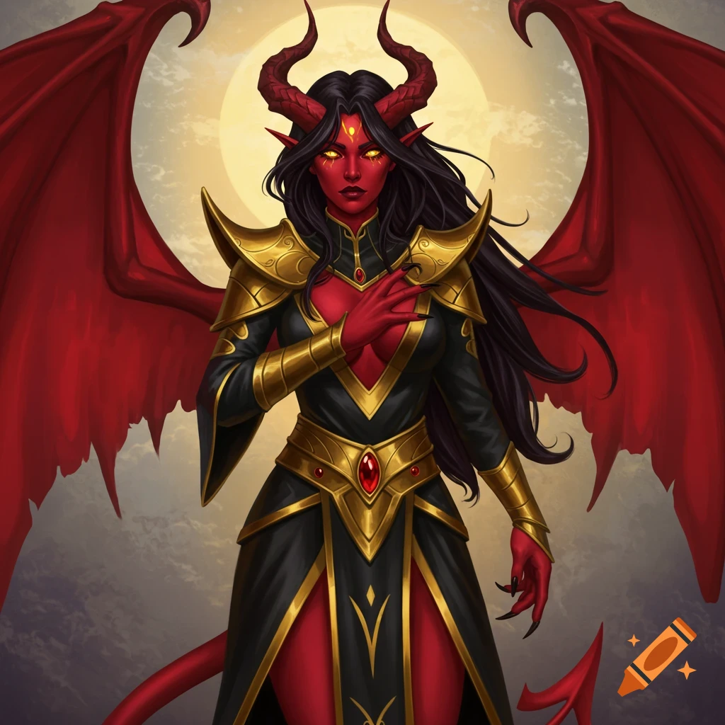 Image of a Tiefling woman with red skin, horns, and wings, wearing gold and black armor, against a moonlit sky.