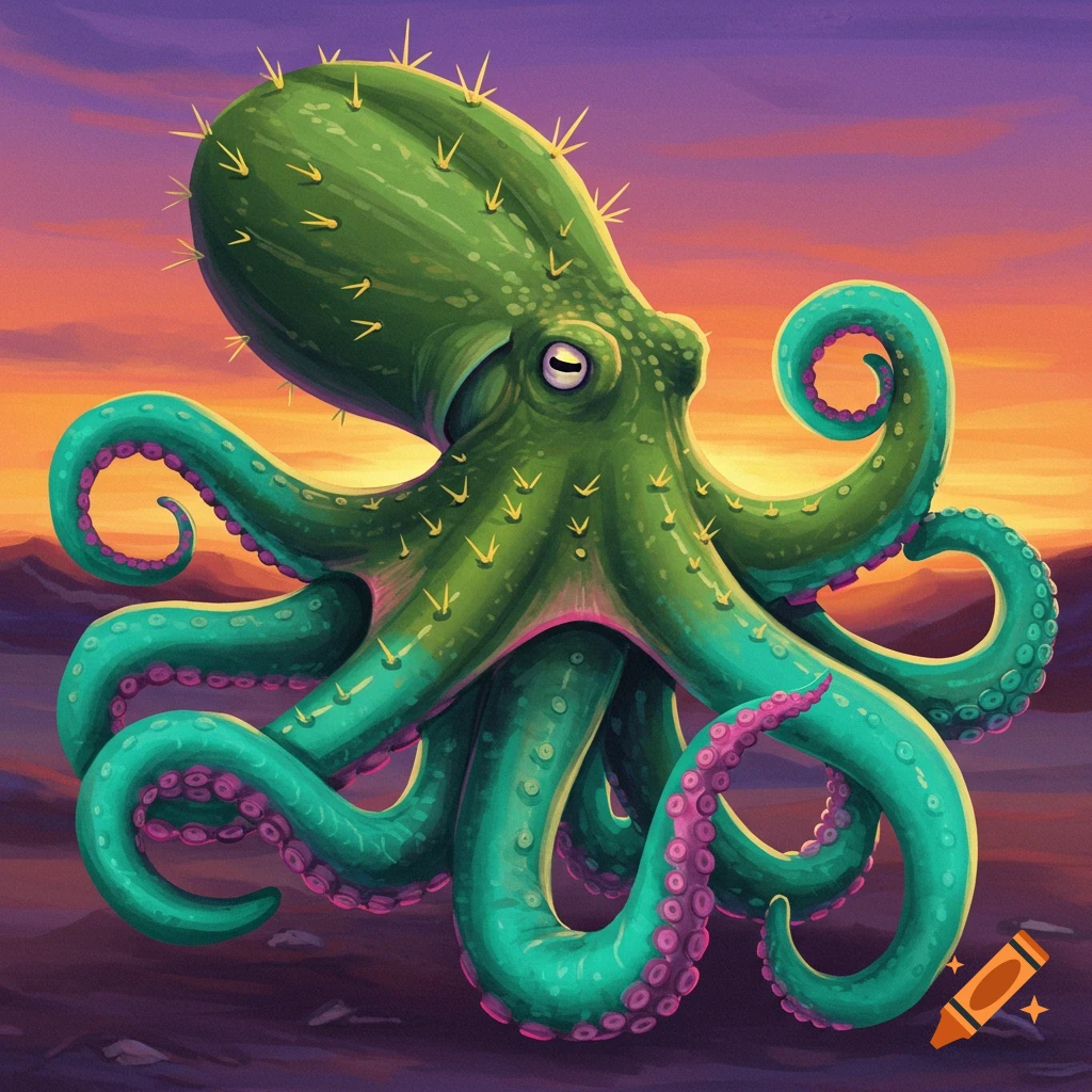 A vibrant green octopus with cactus spikes on its head and teal tentacles with pink suction cups, set against a sunset landscape.