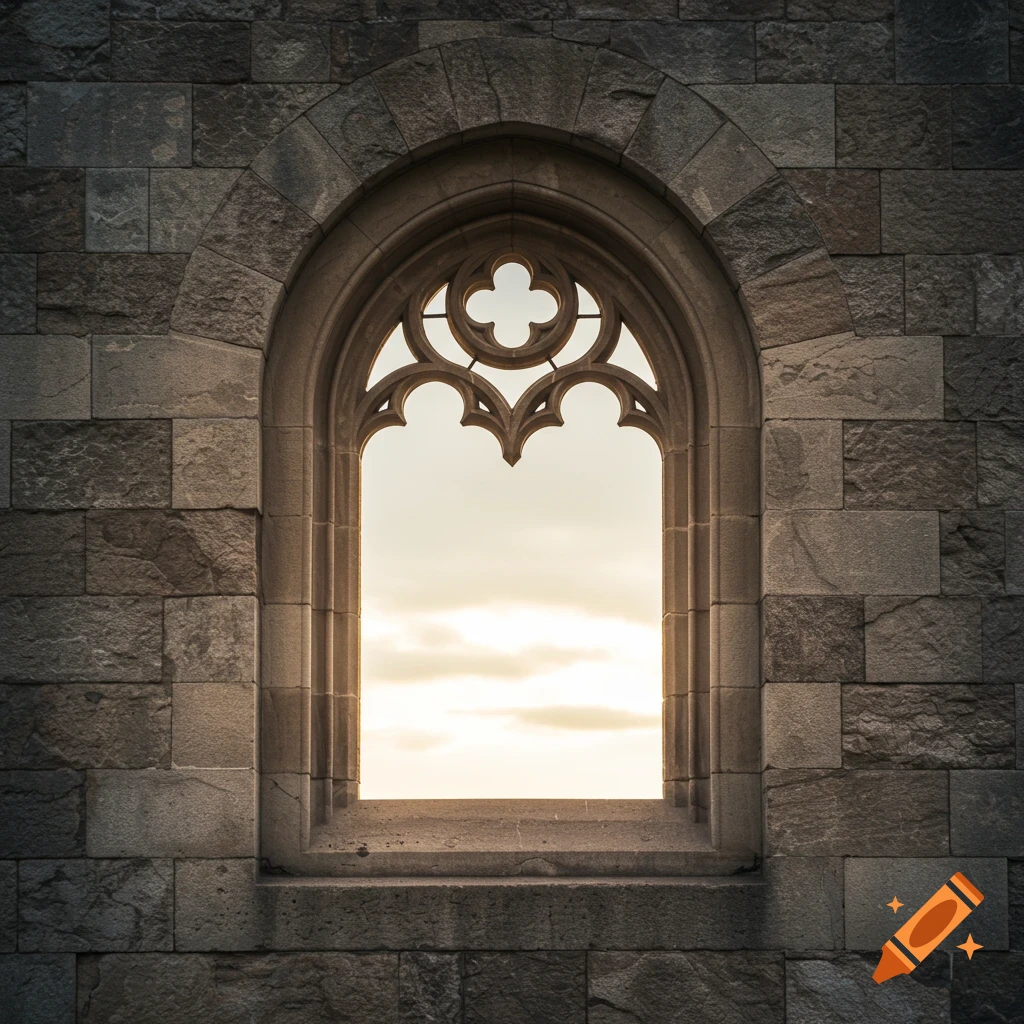 Gothic arched window in a stone wall looking out at a cloudy sky.