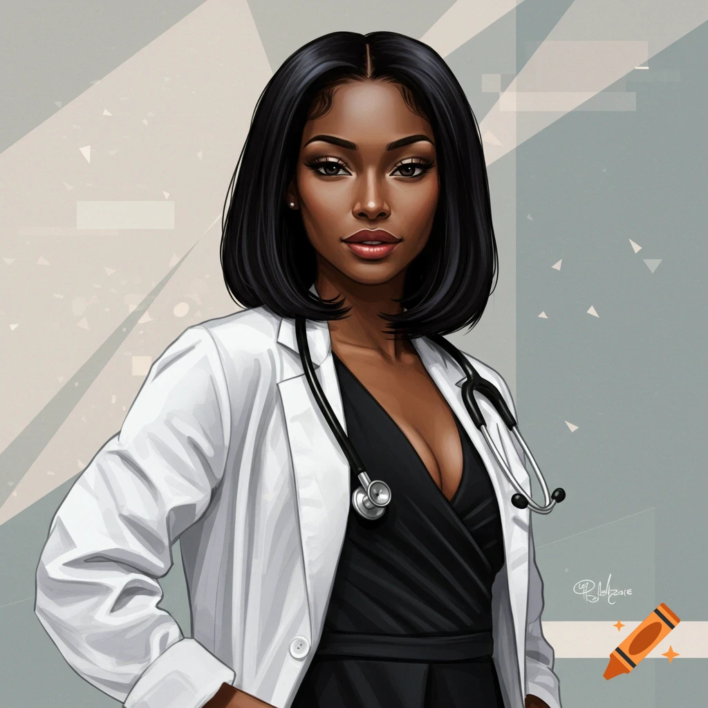 A stylish African American woman doctor is pictured, wearing a stethoscope and having a bob haircut.