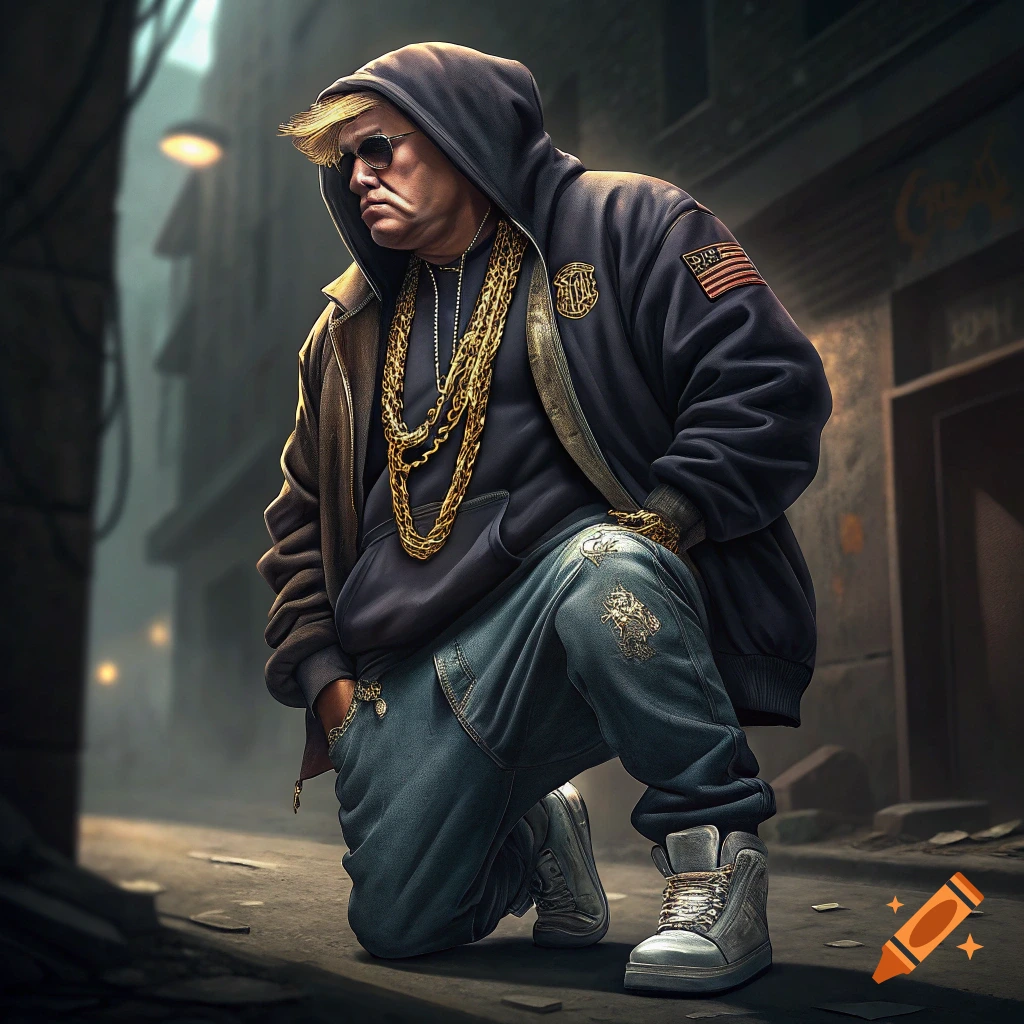 Figure resembling Donald Trump in a hoodie, gold chains, and baggy jeans, kneeling in a gritty alleyway, in a photorealistic style.