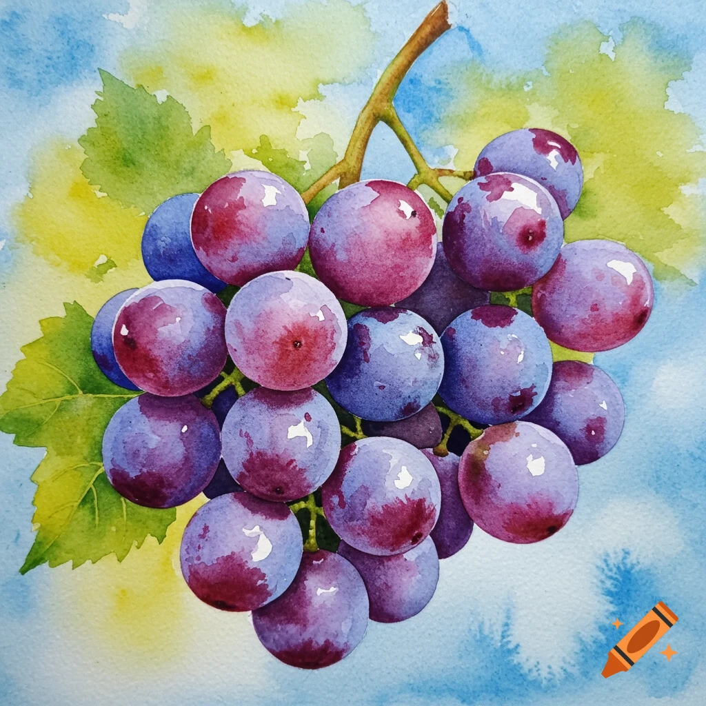 Watercolor painting of a cluster of purple grapes on a vine