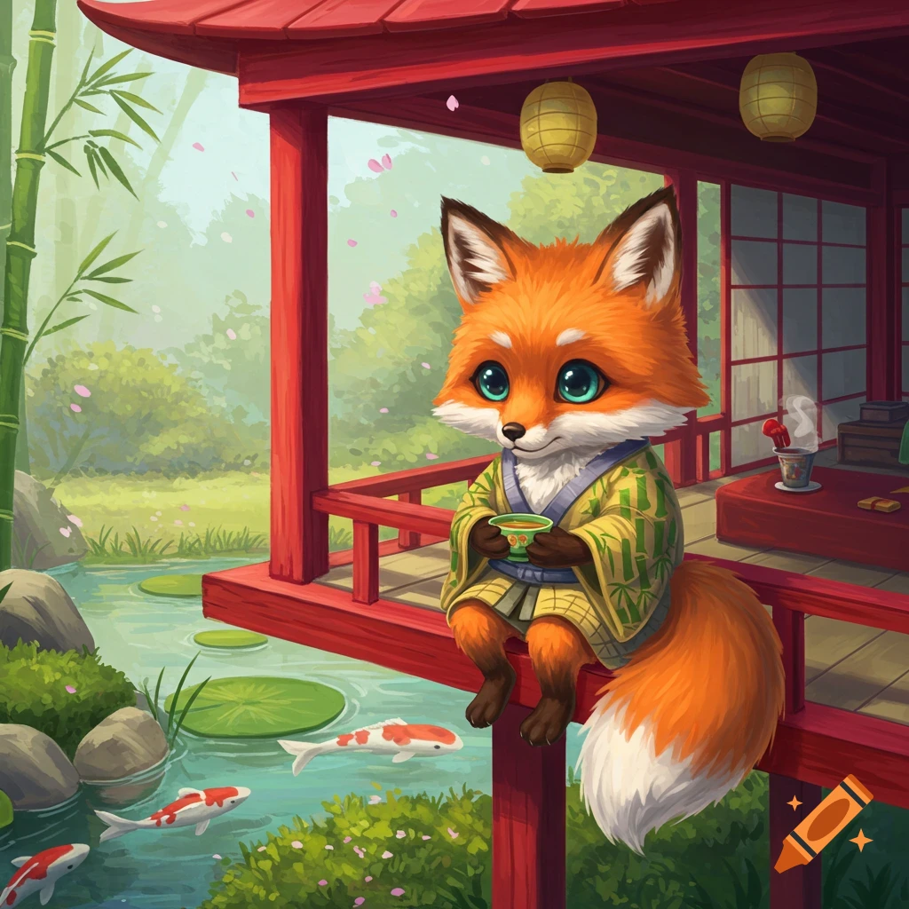 Cute anthropomorphic fox sits on a red Japanese-style porch holding a teacup, overlooking a pond with koi fish and bamboo.