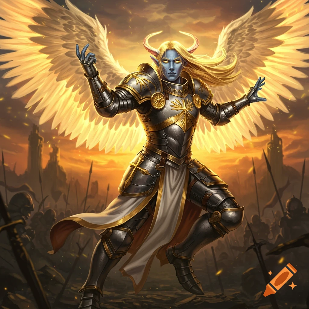 A blue-skinned fantasy character with horns and large white wings stands in ornate armor on a battlefield at sunset.