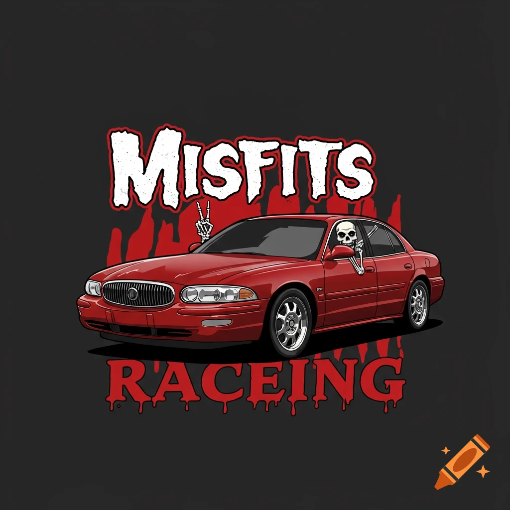 Illustration of a red Buick LeSabre with a skeleton driver making a peace sign, with the words 'MISFITS RACEING' in stylized dripping text.