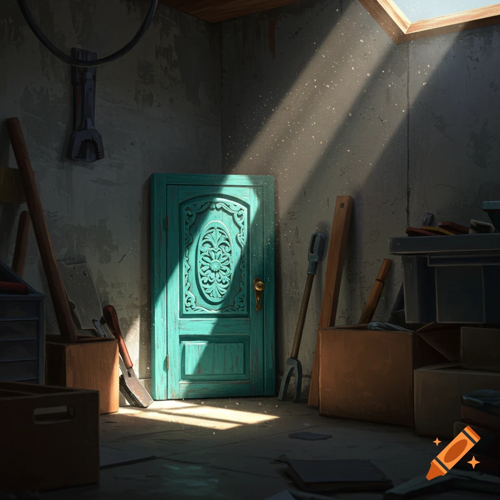 A teal door in a dusty garage or shed, lit by sunlight from above.