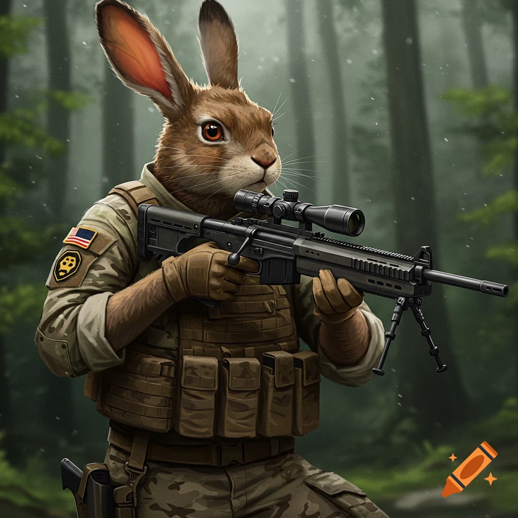 Anthropomorphic soldier rabbit holding a sniper rifle in a forest.
