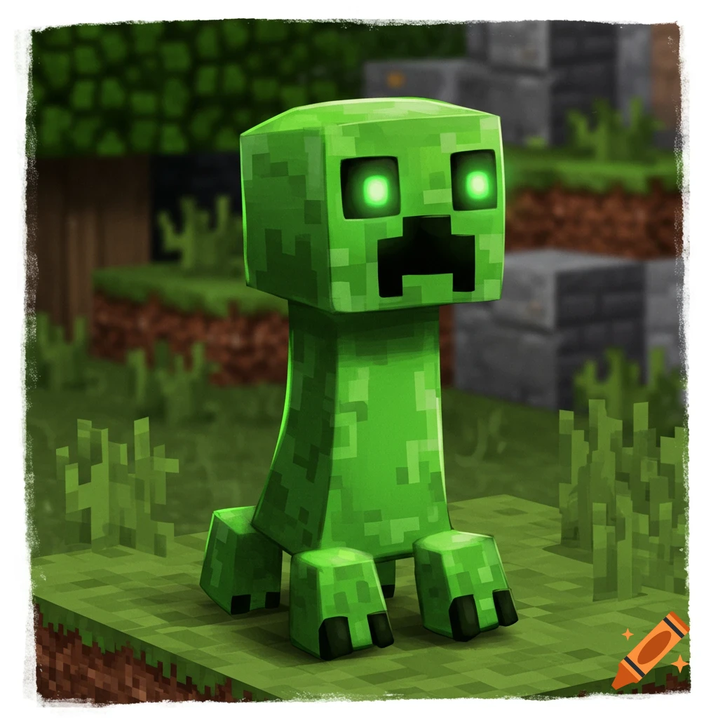 A green Minecraft Creeper sits in a blocky, grassy environment with trees and structures in the background.