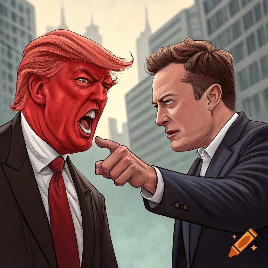 Caricature of a red-faced Donald Trump yelling at Elon Musk, who points at him, against a cityscape.
