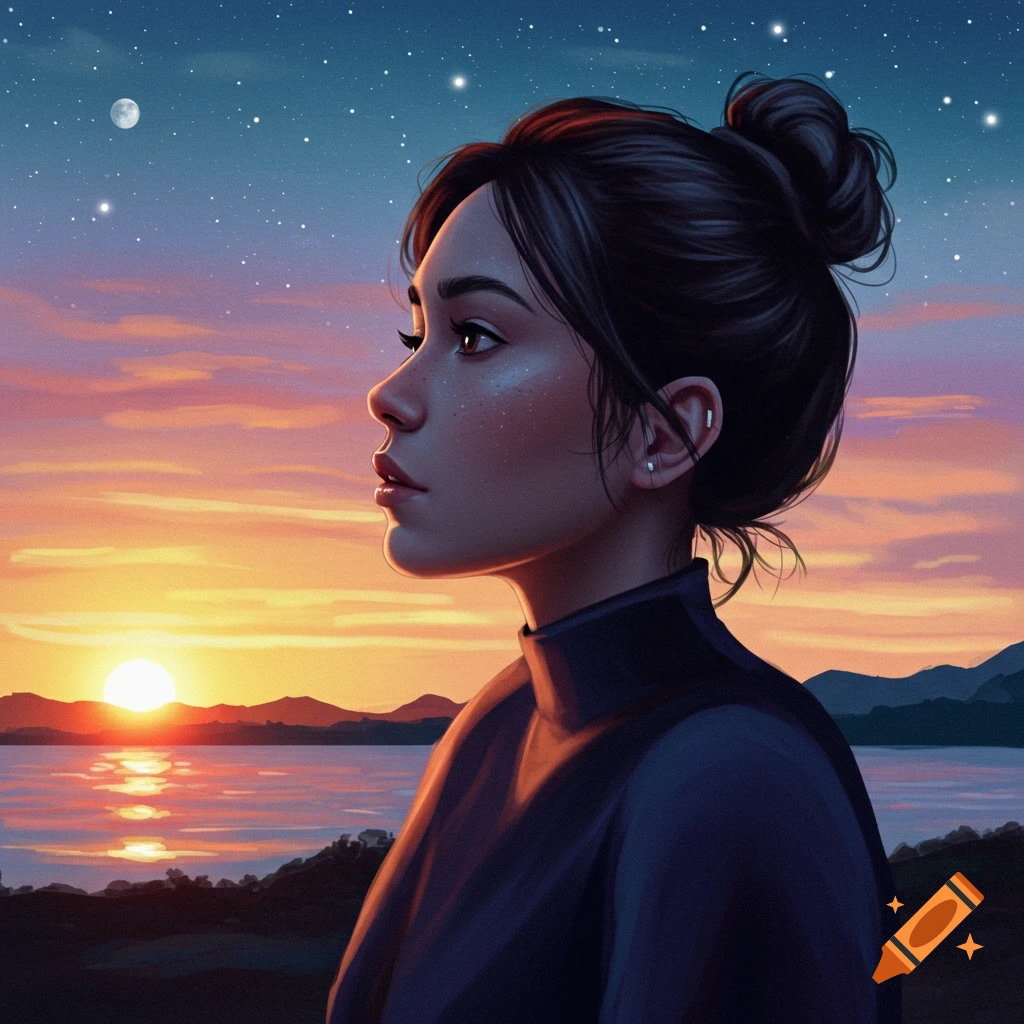 A woman looking towards a sunset over a lake, with stars and a moon in the sky.