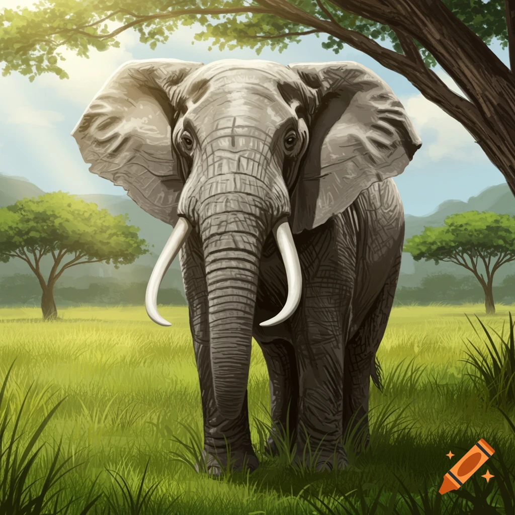 An elephant stands in a green savanna under a sunny sky.