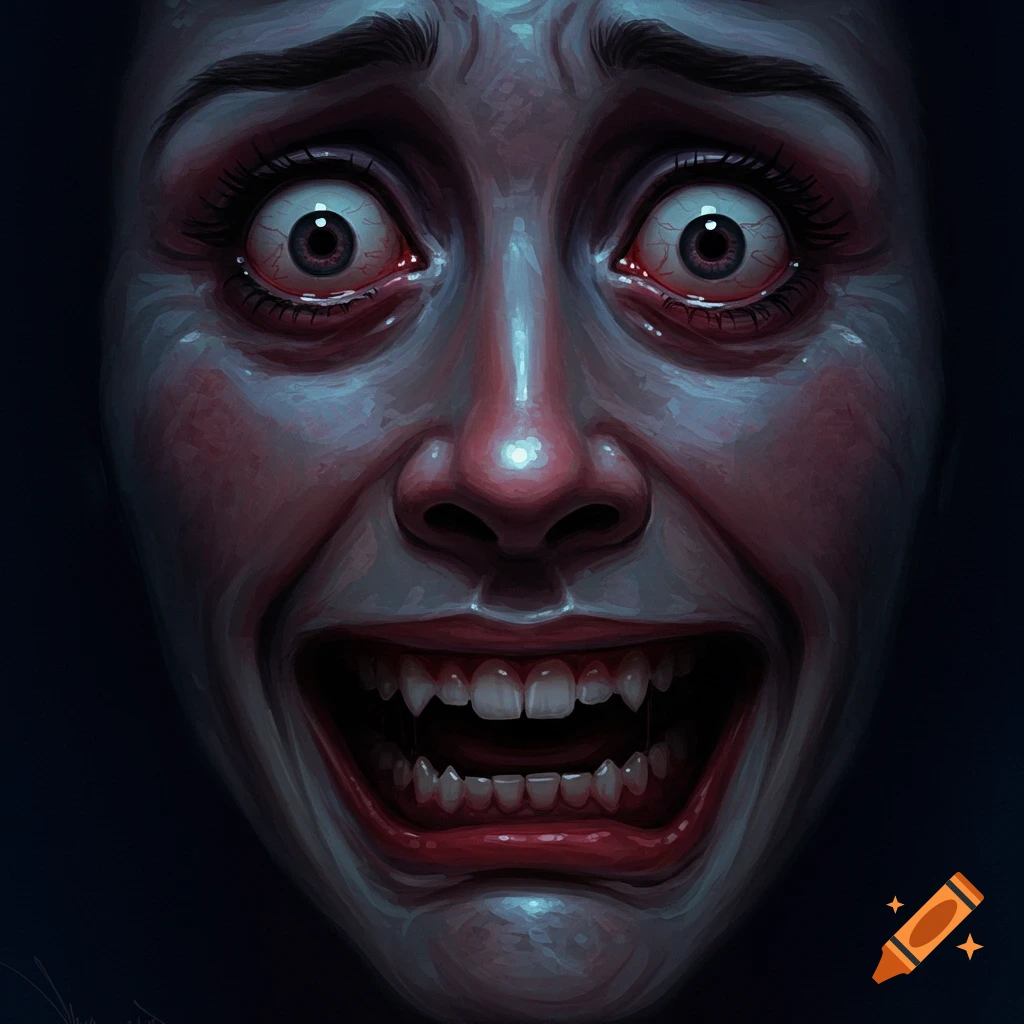 Close-up of a face screaming in fear with wide eyes and sharp teeth.