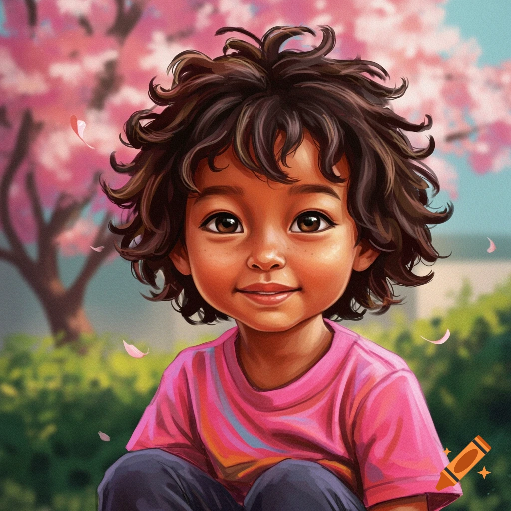 A young child with curly brown hair and freckles, smiling in a garden with pink cherry blossoms.
