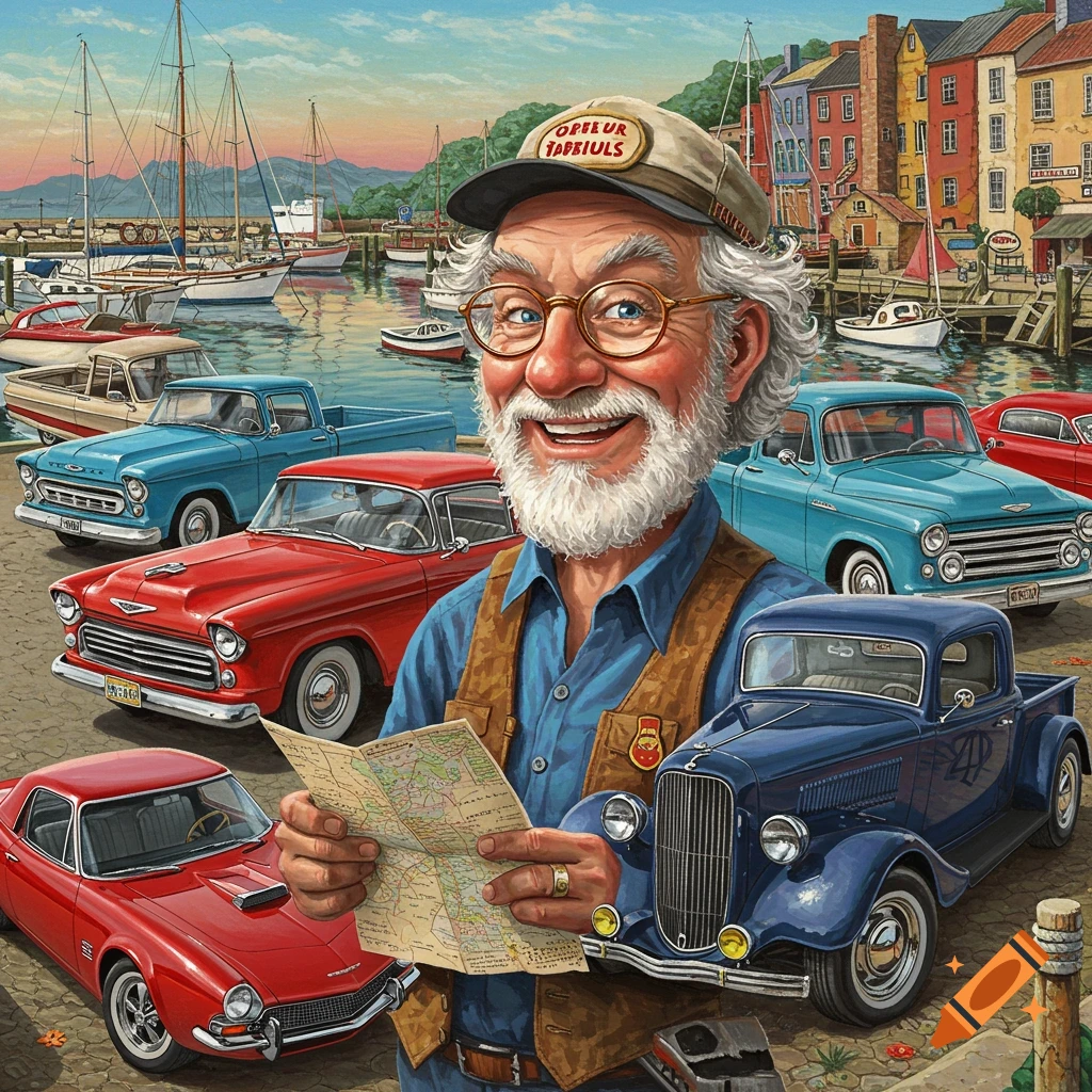 An old man with a map is among vintage cars and boats at a harbor.