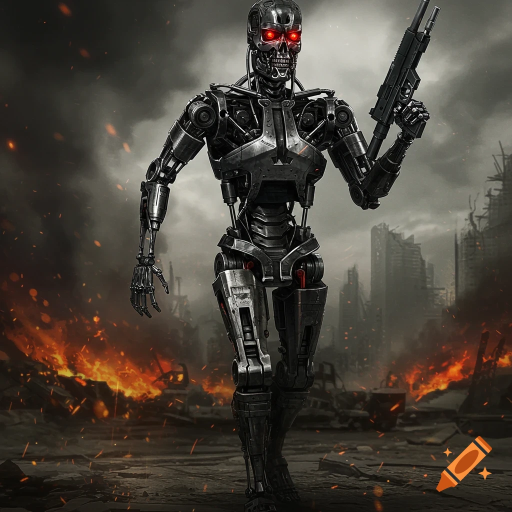 A chrome robot with red eyes and a gun walks through a fiery, destroyed city.