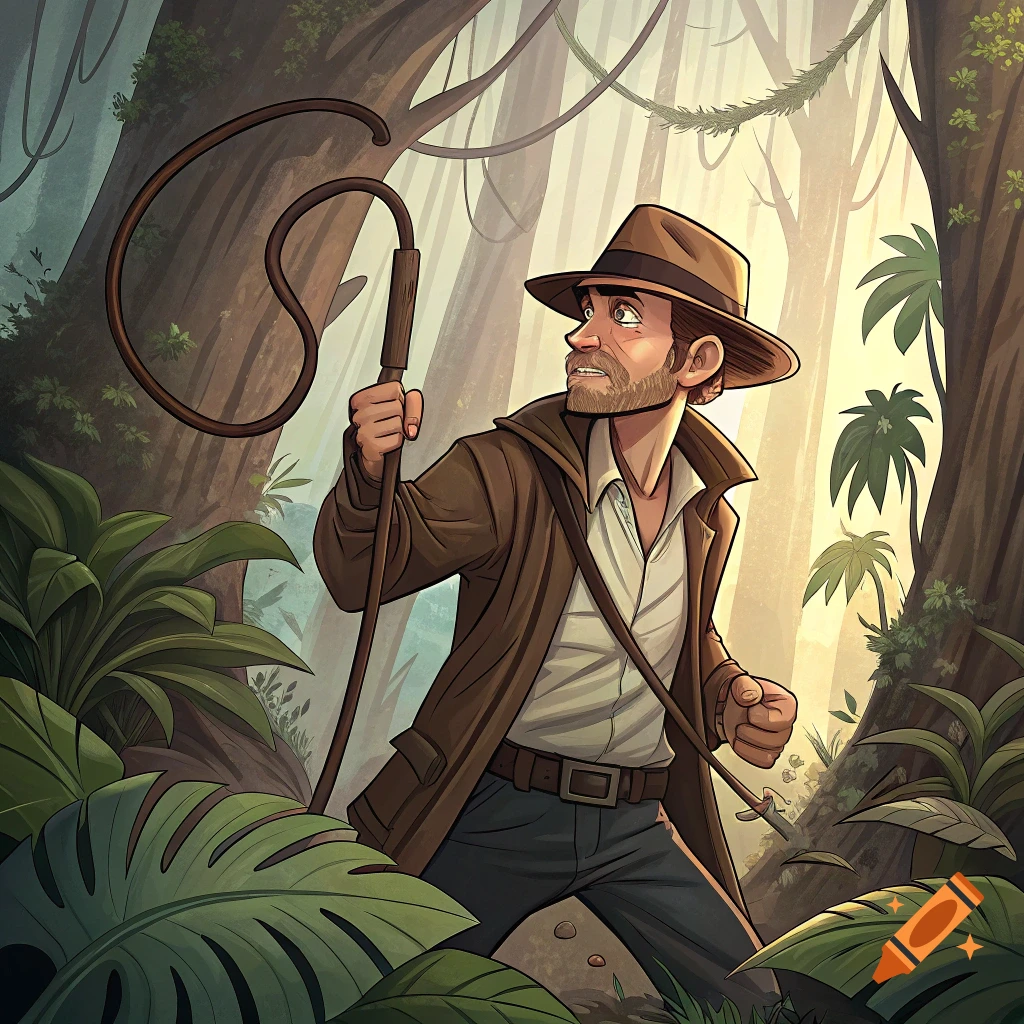 Cartoon illustration of Indiana Jones in a jungle with a whip.