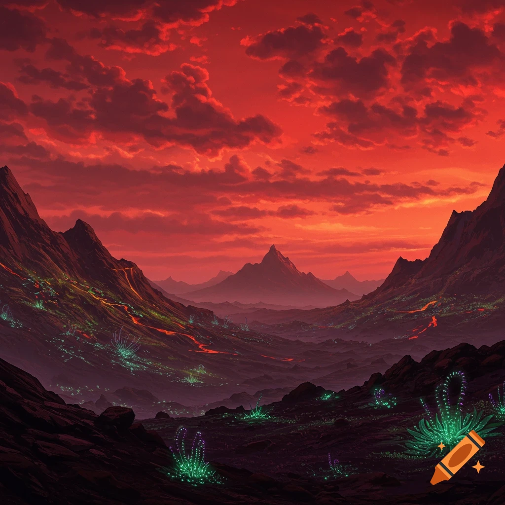 An alien landscape with a red sky, towering mountains, and vibrant green plants that glow.
