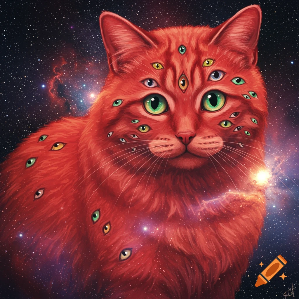 A red cat covered in many eyes against a starry galaxy background.