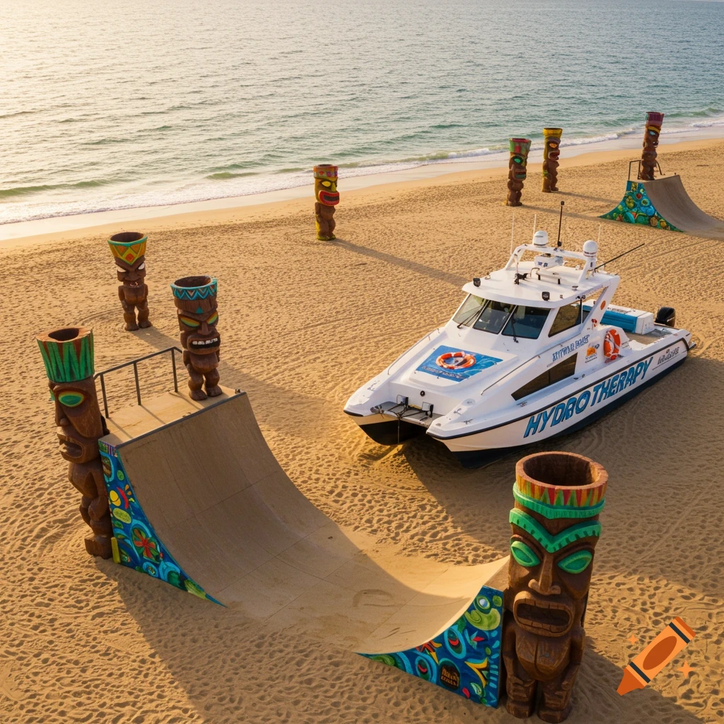 Boat on beach with skate ramps and tiki statues