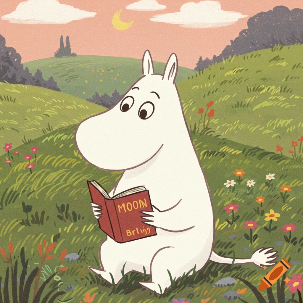 Cartoon illustration of a Moomin character reading a book in a field under a crescent moon.