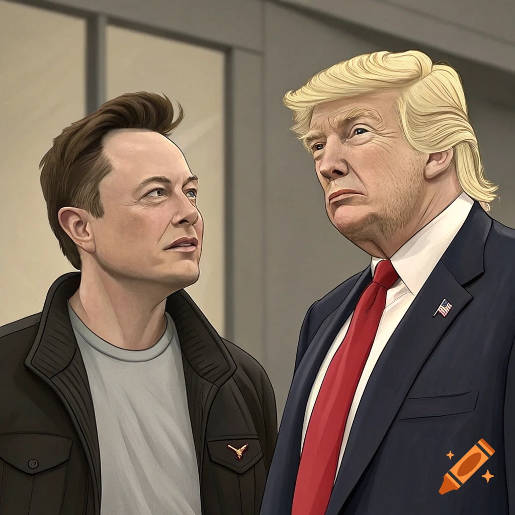 Stylized illustration of Elon Musk and Donald Trump looking at each other.