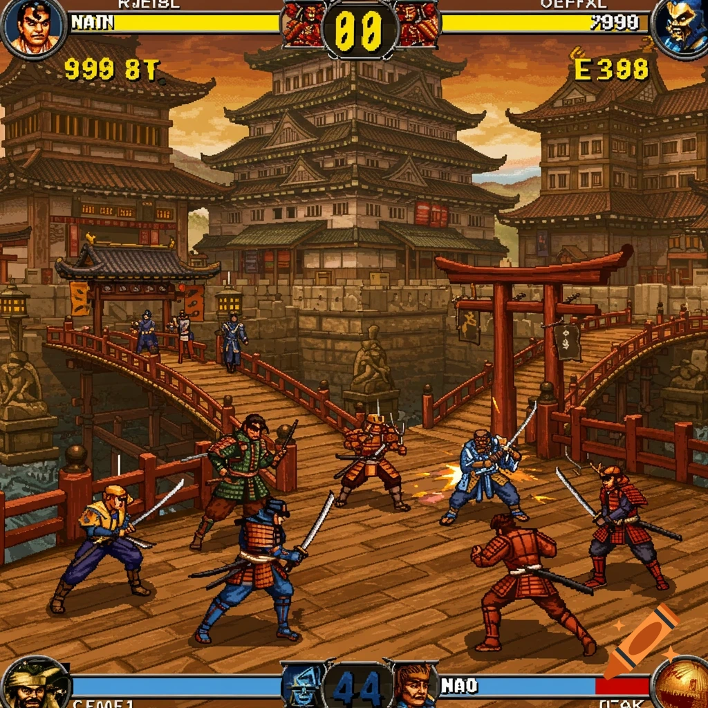 Pixel art fighting game screenshot with samurai characters on a bridge before a shogun castle.