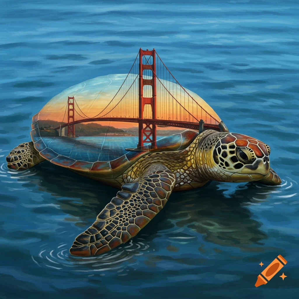 A sea turtle swimming with the Golden Gate Bridge and sunset reflected on its shell.
